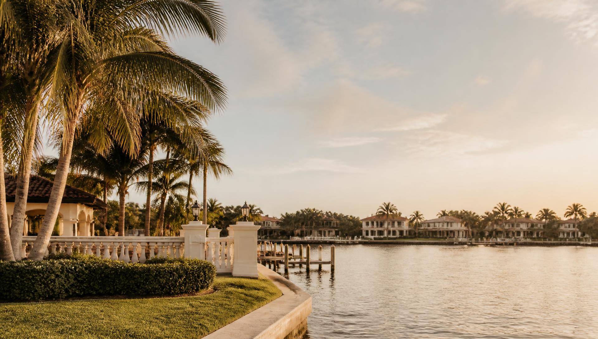 Waterfront homes and palm trees along the Tampa Bay coastline at golden hour